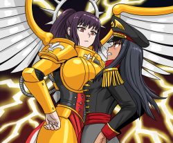 Rule 34 | 2girls, adepta sororitas, anime coloring, armor, asymmetrical docking, black hair, boobplate, breast contest, breast press, breastplate, breasts, clenched teeth, commentary, commissar, crossover, english commentary, eye contact, fleur-de-lis, flick-the-thief, halo, hand on own hip, hat, huge breasts, ijiranaide nagatoro-san, large breasts, lightning, long hair, long sleeves, looking at another, military, military hat, military uniform, multiple girls, nagatoro hayase, pauldrons, peaked cap, ponytail, power armor, red eyes, shoulder armor, small breasts, standing, sunomiya sana, teeth, uniform, warhammer 40k, wings