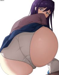 Rule 34 | 1girl, ass, ass focus, blush, doki doki literature club, from behind, from below, highres, huge ass, long hair, looking at viewer, looking back, looking down, panties, purple eyes, purple hair, school uniform, shiny skin, shoes, skirt, solo, squatting, underwear, woomler, yuri (doki doki literature club)