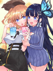 Rule 34 | 2girls, aoi nabi, bag, black skirt, blonde hair, blue eyes, blue nails, blue sweater, breasts, brown headwear, butterfly hair ornament, cup, hair ornament, hat, highres, holding, holding bag, holding cup, hololive, hololive english, indie virtual youtuber, looking at another, medium breasts, multiple girls, nail polish, open mouth, ribbed sweater, skirt, smile, sweater, turtleneck, turtleneck sweater, virtual youtuber, waterring, watson amelia, yellow nails
