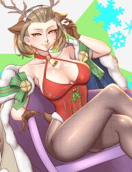 Rule 34 | 1girl, artist request, ass, bare shoulders, bell, blush, breasts, brown gloves, brown hair, cape, capelet, chair, christmas, cleavage, eyeliner, female focus, fire emblem, fire emblem: three houses, fire emblem heroes, fur-trimmed cape, fur-trimmed capelet, fur-trimmed leotard, fur trim, gloves, highres, huge ass, intelligent systems, large breasts, leotard, lips, makeup, manuela casagranda, mistletoe, neck bell, nintendo, orange eyes, orange lips, pantyhose, red leotard, shiny clothes, shiny skin, short hair, sitting, smile, solo, source request, tagme, thick thighs, thighs