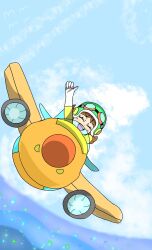 Rule 34 | 1girl, aircraft, airplane, closed eyes, flying, gloves, grin, hand up, highres, mario (series), nintendo, open mouth, pilot helmet, princess daisy, sky, smile, super mario land, tomboy, waving