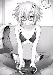 Rule 34 | 10s, 1girl, black bra, black panties, black thighhighs, bow, bra, breasts, cleavage, clenched teeth, collarbone, date a live, garter straps, glasses, greyscale, hair bow, honjou nia, indoors, monochrome, navel, no shoes, novel illustration, official art, panties, shiny skin, unworn shirt, short hair, sitting, skirt, unworn skirt, small breasts, solo, spiked hair, teeth, thighhighs, tsunako, underwear, underwear only