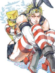 Rule 34 | 1boy, animal ears, blonde hair, cosplay, crossdressing, crossover, dio brando, earrings, fuji (c-b-s), high heels, jewelry, jojo no kimyou na bouken, kantai collection, male focus, rabbit ears, shimakaze (kancolle), shimakaze (kancolle) (cosplay), short hair, solo, source request, stand (jojo), striped clothes, striped thighhighs, the world, thighhighs, transparent background, trap