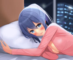 Rule 34 | 1girl, :d, alternate costume, blue hair, blush, breasts, cleavage, from side, gotland (kancolle), hair between eyes, indoors, kantai collection, long hair, long sleeves, looking at viewer, lying, medium breasts, mole, mole under eye, on side, open clothes, open mouth, open shirt, pillow, pink shirt, ponytail, shirt, smile, solo, toyomi 13, upper body