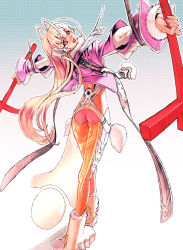 Rule 34 | 1girl, ass, blonde hair, blush, bodysuit, dual wielding, holding, holding weapon, jacket, long hair, long sleeves, looking at viewer, looking back, original, outstretched arms, pink jacket, red eyes, sanbasou, skin tight, solo, very long hair, weapon