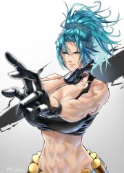 Rule 34 | 1girl, abs, anima (togashi), bare shoulders, belt, black tank top, blue eyes, blue hair, breasts, closed mouth, gas can, highres, leona heidern, midriff, muscular, muscular female, ponytail, snk, solo, tank top, the king of fighters, the king of fighters xiii