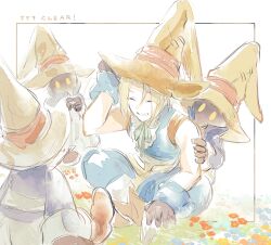 Rule 34 | 4boys, adjusting clothes, adjusting headwear, ascot, black mage (final fantasy), blonde hair, blue coat, blue pants, blue vest, border, brown gloves, cat earth2, closed eyes, coat, cropped vest, final fantasy, final fantasy ix, gloves, green ribbon, grin, hand on another&#039;s arm, hat, highres, indian style, male focus, multiple boys, neck ribbon, pants, parted bangs, ribbon, sitting, smile, teeth, vest, vivi ornitier, white ascot, white border, wizard hat, wrist cuffs, yellow eyes, zidane tribal