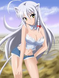 Rule 34 | 1girl, ahoge, animal ears, banemumu, blush, braid, breasts, bustier, cat ears, cleavage, dog days, large breasts, leonmitchelli galette des rois, long hair, looking at viewer, midriff, navel, short shorts, shorts, silver hair, smile, tail, thong, very long hair, yellow eyes