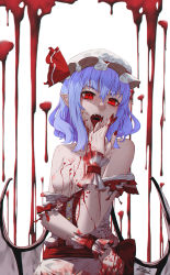 Rule 34 | 1girl, arm across waist, bare shoulders, bat wings, blood, blood on clothes, blood on face, blood on hands, blue hair, bow, breasts, breasts out, center frills, collarbone, fangs, frilled shirt, frills, hat, hat ribbon, head tilt, highres, looking at viewer, low wings, mob cap, nipples, off shoulder, open clothes, open mouth, open shirt, pointy ears, red bow, red eyes, red ribbon, remilia scarlet, ribbon, rmilart, shaded face, shirt, short hair, small breasts, solo, touhou, upper body, v-shaped eyebrows, vampire, white background, white hat, white shirt, wings