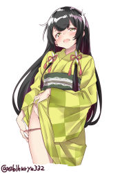Rule 34 | 1girl, black hair, blush, closed eyes, clothes lift, cowboy shot, cropped legs, ebifurya, green kimono, groin, highres, japanese clothes, kantai collection, kimono, kimono lift, lifting own clothes, lips, long hair, long sleeves, looking at viewer, mizuho (kancolle), multicolored hair, obi, open mouth, panties, purple hair, red panties, red ribbon, ribbon, sash, simple background, solo, standing, tassel, tearing up, tears, thighs, twitter username, two-tone hair, underwear, very long hair, white background, wide sleeves