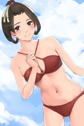 Rule 34 | ace attorney, bikini, black hair, blue sky, breasts, brown eyes, cleavage, cloud, collarbone, commentary request, criss-cross halter, day, gluteal fold, hair ornament, hair rings, halterneck, hand up, highres, kntrs (knyrs), legs apart, looking at viewer, medium breasts, navel, outdoors, parted lips, red bikini, short hair, sky, smile, stomach, susato mikotoba, swimsuit, the great ace attorney