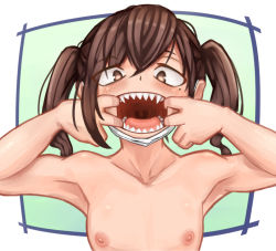 Rule 34 | 1girl, armpits, black hair, blush, brown hair, collarbone, female focus, fingers in mouth, flat chest, hair between eyes, idolmaster, idolmaster cinderella girls, looking at viewer, mask, mask pull, mole, mole under eye, mouth mask, mouth pull, namco, neck, niconicotin, nipples, nude, open mouth, sharp teeth, simple background, solo, sunazuka akira, surgical mask, teeth, tongue, topless frame, twintails, upper body, uvula