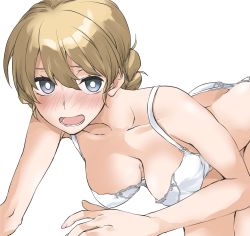 Rule 34 | 1girl, ass, blonde hair, blue eyes, blush, bra, braid, breasts, butt crack, commentary request, darjeeling (girls und panzer), elf (stroll in the woods), french braid, girls und panzer, highres, leaning forward, looking at viewer, medium breasts, nose blush, panties, simple background, solo, teeth, tongue, underwear, underwear only, white background, white bra, white panties