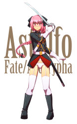 Rule 34 | 1boy, astolfo (fate), boots, bow, braid, bulge, character name, copyright name, fate/apocrypha, fate (series), garter belt, gloves, hair bow, hair ribbon, male focus, military, military uniform, no pants, panties, pink eyes, pink hair, ribbon, single braid, smile, sword, thighhighs, trap, underwear, uniform, weapon, white gloves, white legwear, white panties, wizs