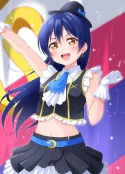 Rule 34 | 1girl, absurdres, belt, blue hair, blush, crop top, earrings, gloves, hair between eyes, haruharo (haruharo 7315), hat, highres, jewelry, long hair, looking at viewer, love live!, love live! school idol project, midriff, navel, open mouth, outstretched arms, rain, skirt, sleeveless, smile, solo, sonoda umi, stomach, wet, wet clothes, white gloves, yellow eyes