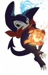 Rule 34 | 1other, bandana, blue fire, colored skin, demon, demon tail, digimon, fire, full body, green eyes, impmon, multicolored skin, purple skin, red bandana, shinbiko, simple background, solo, tail, white background, white skin