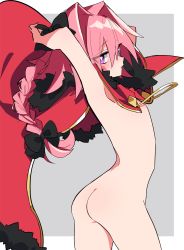 Rule 34 | 1boy, arms up, ass, astolfo (fate), border, braid, commentary request, eyes visible through hair, fate/apocrypha, fate (series), from side, grey background, hair between eyes, hair intakes, highres, long hair, looking at viewer, looking to the side, male focus, mg nemuio, nipples, nude, outside border, pink hair, purple eyes, simple background, single braid, solo, trap, very long hair, white border