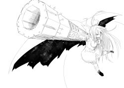 Rule 34 | 1girl, arm cannon, bow, breasts, cape, dress, female focus, foreshortening, from above, greyscale, hair bow, large breasts, long hair, looking at viewer, monochrome, niwatazumi, pantyhose, reiuji utsuho, solo, space, torn clothes, torn pantyhose, touhou, very long hair, weapon