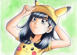 Rule 34 | 1girl, black hair, character print, closed mouth, commentary request, creatures (company), eyelashes, game freak, gen 1 pokemon, green background, grey eyes, hat, highres, long hair, nintendo, oka mochi, pikachu, pikachu ears, pokemon, pokemon (creature), pokemon adventures, pokemon ears, selene (pokemon), shirt, short sleeves, solo, t-shirt, traditional media, upper body, yellow hat, yellow shirt