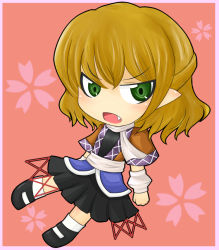 Rule 34 | 1girl, arm warmers, black footwear, black shirt, black skirt, blonde hair, blush, border, brown jacket, chibi, commentary request, fang, full body, green eyes, half updo, jacket, looking at viewer, mary janes, masa0403, mizuhashi parsee, multicolored clothes, multicolored jacket, open mouth, pink background, pink border, pointy ears, sash, scarf, shirt, shoes, short hair, short sleeves, skirt, socks, solo, touhou, white sash, white scarf, white socks
