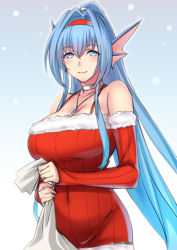 Rule 34 | 1girl, bad id, bad pixiv id, blue background, blue eyes, blue hair, blush, fins, gradient background, head fins, headband, jewelry, lintanghaseo, long hair, looking at viewer, matching hair/eyes, original, pendant, sack, santa costume, simple background, solo, very long hair, white background