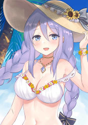 Rule 34 | 1girl, :d, bikini, black bow, blue eyes, blue sky, bow, braid, breasts, cleavage, cloud, cloudy sky, commentary, day, flower, hair between eyes, hair bow, halterneck, hat, hat bow, hat flower, hat ribbon, holding, holding clothes, holding hat, jewelry, kohana (princessxhana), large breasts, long hair, looking at viewer, navel, necklace, open mouth, princess connect!, purple hair, ribbon, shizuru (princess connect!), shizuru (summer) (princess connect!), sidelocks, sky, smile, solo, stomach, straw hat, swimsuit, twin braids, white bikini