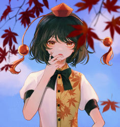 Rule 34 | 1girl, autumn leaves, black bow, black bowtie, black hair, blue sky, bow, bowtie, branch, brown eyes, buttons, cloud, cloudy sky, collared shirt, grey shirt, hair between eyes, hand on own face, hand up, hat, hourai kiriri, leaf, leaf print, looking away, open mouth, pom pom (clothes), puffy short sleeves, puffy sleeves, red hat, shameimaru aya, shirt, short hair, short sleeves, sky, solo, tokin hat, touhou, upper body