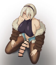 Rule 34 | 1girl, 2b (nier:automata), absurdres, bar censor, black hairband, black nails, blue shorts, breasts, censored, closed mouth, covered erect nipples, erection, expressionless, foreskin, fur trim, futanari, grey hair, hairband, half-closed eyes, highres, huge penis, jacket, large breasts, lipstick, looking at viewer, looking up, makeup, mole, mole under mouth, nail polish, nier:automata, nier (series), pantyhose, penis, phimosis, seiza, short hair, short shorts, shorts, sideboob, sitting, solo, sulcate, testicles, veins, veiny penis