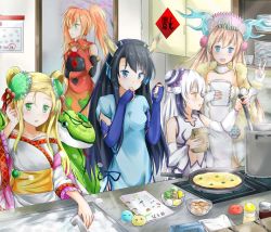 Rule 34 | 5girls, bad id, bad pixiv id, bare shoulders, black hair, blonde hair, blue eyes, bubblie, bubblie (p&amp;d), calendar (object), china dress, chinese clothes, cookie, dress, egg, elbow gloves, fingerless gloves, flamie, flamie (p&amp;d), food, frying pan, gloves, green eyes, haku (p&amp;d), horns, karin (p&amp;d), ladle, leilan (p&amp;d), leiran (p&amp;d), long hair, meimei (p&amp;d), multiple girls, notebook, open mouth, pot, puzzle &amp; dragons, red hair, sakuya (p&amp;d), shynee, shynee (p&amp;d), silver hair, smile, tailam, twintails