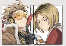 Rule 34 | 2boys, artist name, black gloves, blonde hair, boku no hero academia, border, brown jacket, cat, closed mouth, commentary, crossover, english commentary, facial hair, feathered wings, forehead, gloves, goatee, goggles, haikyuu!!, hawks (boku no hero academia), headphones, holding, holding phone, index finger raised, jacket, kadeart, kozume kenma, looking at viewer, multicolored hair, multiple boys, parted bangs, phone, red wings, roots (hair), short hair, simple background, slit pupils, smile, spiked hair, stubble, thick eyebrows, white background, white border, wings, yellow eyes