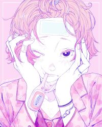 Rule 34 | 1girl, absurdres, akira 13go, black eyes, bracelet, bright pupils, buttons, digital thermometer, eyelashes, fever, hand in own hair, heart, heart print, highres, jewelry, looking at viewer, mouth hold, one eye closed, original, pink background, pink hair, pink shirt, pink theme, portrait, ring, shirt, short hair, signature, simple background, solo, thermometer, white pupils