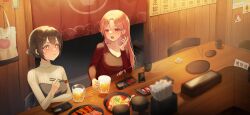 Rule 34 | + +, 2girls, alcohol, bag, beer, beer mug, blush, breasts, brown eyes, brown hair, chewing, chopsticks, closed mouth, commentary, cup, eating, food, hair bun, handbag, heeri, highres, holding, holding cup, holding food, indoors, izakaya, long hair, long sleeves, looking at another, medium breasts, menu board, mug, multiple girls, night, on chair, open mouth, orange hair, original, parted bangs, red eyes, red shirt, restaurant, shirt, short hair, sign, single hair bun, sitting, smile, straight hair, sweater, symbol-only commentary, white sweater