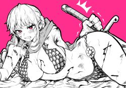 Rule 34 | 1girl, absurdres, armor, bare shoulders, bikini armor, blood, blood on face, braid, breasts, cape, cuts, gloves, greyscale with colored background, highres, holding, holding sword, holding weapon, injury, large breasts, long hair, looking at viewer, lying, monochrome, navel, on side, one piece, pink background, pink eyes, rebecca (one piece), solo, spot color, sword, tears, teeth, torn clothes, weapon, yotsumi shiro