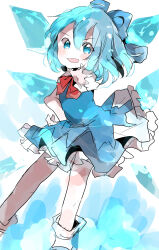 Rule 34 | 1girl, blue bow, blue dress, blue eyes, blue hair, bow, bowtie, cirno, commentary request, dress, frilled dress, frills, hair between eyes, hair bow, highres, ice, ice wings, light blush, looking at viewer, medium hair, open mouth, outstretched arm, puffy short sleeves, puffy sleeves, red bow, red bowtie, short sleeves, simple background, solo, touhou, white background, wings, xxxx saki