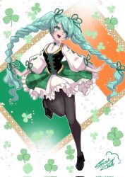 Rule 34 | 1girl, alcohol, aqua eyes, aqua hair, beer, black footwear, black pantyhose, bubble, clover, clover background, dirndl, foam, german clothes, green ribbon, green skirt, hatsune miku, highres, ireland, irish flag, long hair, pantyhose, puffy sleeves, ribbon, roisin, skirt, twintails, very long hair, vocaloid, worldwide miku