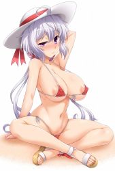 Rule 34 | 1girl, ahoge, alternate costume, areola slip, arm up, bare legs, bare shoulders, bikini, blush, breasts, closed mouth, collarbone, commentary request, covered erect nipples, crossed legs, groin, hat, hat ribbon, highres, large breasts, light purple hair, long hair, looking at viewer, low twintails, micro bikini, navel, purple eyes, purple hair, red bikini, ribbon, sandals, scrunchie, senki zesshou symphogear, side-tie bikini bottom, simple background, sitting, skindentation, solo, string bikini, sweat, swimsuit, twintails, white background, yoshi tama, yukine chris