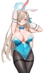 Rule 34 | 1girl, animal ears, armpits, arms up, asuna (blue archive), asuna (bunny) (blue archive), black pantyhose, blonde hair, blue archive, blue eyes, blue ribbon, blush, bow, bowtie, breasts, cleavage, covered navel, fake animal ears, gloves, gongba laoge, grin, hair over one eye, hair ribbon, halo, leotard, long hair, looking at viewer, mole, mole on breast, pantyhose, playboy bunny, rabbit ears, ribbon, simple background, smile, solo, thighband pantyhose, traditional bowtie, white background, white gloves