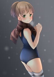 Rule 34 | 1girl, ass, blue one-piece swimsuit, brown hair, brown scarf, cowboy shot, green eyes, grey background, highres, looking at viewer, one-piece swimsuit, original, ponytail, scarf, school swimsuit, shibacha, short hair, snow, solo, striped clothes, striped scarf, striped thighhighs, swimsuit, thighhighs