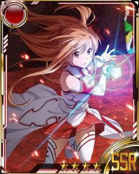 Rule 34 | 10s, 1girl, asuna (sao), brown eyes, brown hair, card (medium), holding, holding sword, holding weapon, long hair, matching hair/eyes, pleated skirt, red skirt, skirt, solo, star (symbol), sword, sword art online, thighhighs, weapon, white background