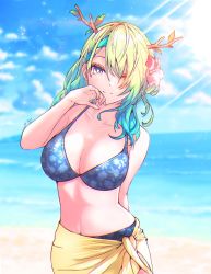 Rule 34 | 1girl, antlers, bikini, blue bikini, blue hair, blue sky, branch, breasts, ceres fauna, cleavage, cloud, collarbone, fake antlers, flower, green hair, hair flower, hair ornament, hand over face, highres, hololive, hololive english, horns, large breasts, leaf, looking at viewer, medium hair, multicolored hair, navel, ocean, one eye closed, sk jynx, sky, smile, standing, sunlight, swimsuit, virtual youtuber, wavy hair