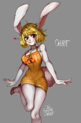 Rule 34 | 1girl, animal ears, blonde hair, blush, breasts, carrot (one piece), cleavage, fingernails, furry, furry female, high heels, highres, knees together feet apart, large breasts, narrow waist, no bra, one piece, pumps, rabbit, rabbit ears, rabbit girl, rabbit tail, sharp fingernails, snout, tail, the golden smurf, tongue, tongue out