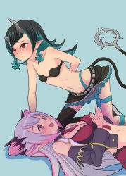 Rule 34 | 2girls, nanashi inc., between breasts, black bra, black hair, black legwear, black skirt, black sleeves, blue background, blue hair, blue panties, blush, bra, breasts, closed mouth, commentary request, cone hair bun, demon girl, demon horns, demon tail, detached sleeves, fang, fang out, feet out of frame, flat chest, garter straps, gradient hair, grey hair, grey skirt, hair bun, highleg, highleg panties, highres, honey strap, horns, k waremono, large breasts, layered skirt, long hair, looking at another, multicolored hair, multiple girls, navel, necktie, necktie between breasts, open clothes, open mouth, open vest, panties, pink hair, pointy ears, red eyes, red necktie, shishio chris, simple background, single thighhigh, skirt, smile, sugar lyric, suou patra, tail, thighhighs, two-tone hair, underwear, vest, virtual youtuber, white vest, yuri, zipper skirt
