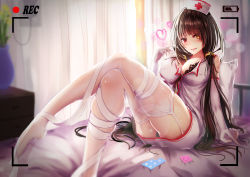 Rule 34 | 1girl, absurdres, bandages, bare shoulders, bed, black bra, black hair, black panties, blush, bra, breasts, cleavage, commentary request, condom, covered erect nipples, crossed legs, curtains, date a live, elbow gloves, garter straps, gloves, hat, heart, heterochromia, highres, hospital bed, lace, lace-trimmed bra, lace trim, large breasts, legs, long hair, long legs, looking at viewer, low twintails, nurse, nurse cap, on bed, panties, pantyshot, pillow, recording, red eyes, roy (pixiv12676578), saliva, saliva trail, sitting, solo, suggestive fluid, symbol-shaped pupils, thighhighs, thighs, tokisaki kurumi, tongue, tongue out, twintails, underwear, very long hair, white gloves, white thighhighs, yellow eyes