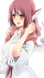 Rule 34 | 1girl, animal ears, blush, breasts, covered erect nipples, female focus, happy, japanese clothes, kimono, large breasts, mystia lorelei, aged up, open mouth, roccakid, smile, solo, touhou, towel, wings, yellow eyes, yukata