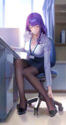 Rule 34 | 1girl, absurdres, adjusting footwear, black footwear, blurry, breasts, chair, cleavage, closed eyes, closed mouth, collarbone, collared shirt, desk, genshin impact, high heels, highres, id card, indoors, lanyard, large breasts, limart, long hair, looking at viewer, office, office chair, office lady, open clothes, open shirt, pantyhose, pencil skirt, purple hair, raiden shogun, shirt, sitting, skirt, solo, swivel chair, white shirt, window
