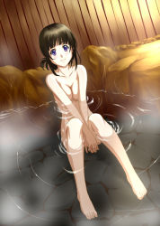 Rule 34 | 10s, 1girl, :3, alternate hairstyle, barefoot, bathing, black hair, blush, breasts, chitanda eru, cleavage, completely nude, covering privates, covering crotch, feet, hair up, highres, honuni, hozumi isatsu, hyouka, nude, onsen, purple eyes, sitting, smile, solo, v arms