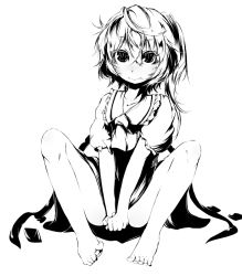 Rule 34 | 1girl, ascot, bacho, bare legs, barefoot, blush, embarrassed, embodiment of scarlet devil, face, feet, female focus, flandre scarlet, full body, greyscale, monochrome, no headwear, short hair, side ponytail, simple background, sitting, skirt, skirt tug, solo, spread legs, toe-point, toes, touhou, v arms, wings