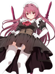 Rule 34 | 1girl, alternate costume, blush, breasts, clothes lift, dress, dress lift, enmaided, fate/grand order, fate (series), gae bolg (fate), gloves, long hair, looking at viewer, maid, maid headdress, panties, pantyshot, purple hair, red eyes, sandarumi, scathach (fate), simple background, solo, standing, thighhighs, underwear, white background, white gloves, white panties, white thighhighs