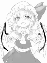 Rule 34 | 1girl, ascot, blush, bow, collar, collared shirt, crystal, eyes visible through hair, flandre scarlet, greyscale, hair between eyes, hands up, hat, hat ribbon, highres, jewelry, looking at viewer, marukyuu ameya, mob cap, monochrome, one eye closed, open mouth, puffy short sleeves, puffy sleeves, ribbon, shirt, short hair, short sleeves, simple background, skirt, smile, solo, touhou, vest, white background, wings, wrist cuffs