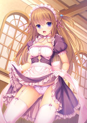 Rule 34 | 1girl, absurdres, ahoge, apron, back bow, blush, bow, breasts, brown hair, cleavage, clothes lift, commentary request, dress, dress lift, fang, garter belt, gloves, hair between eyes, hair ornament, hair ribbon, highres, indoors, long hair, looking at viewer, maid, maid headdress, medium breasts, one side up, open mouth, original, panties, pink gloves, pink panties, pink thighhighs, purple dress, purple eyes, ribbon, short sleeves, solo, thighhighs, umitonakai, underwear, waist apron, window